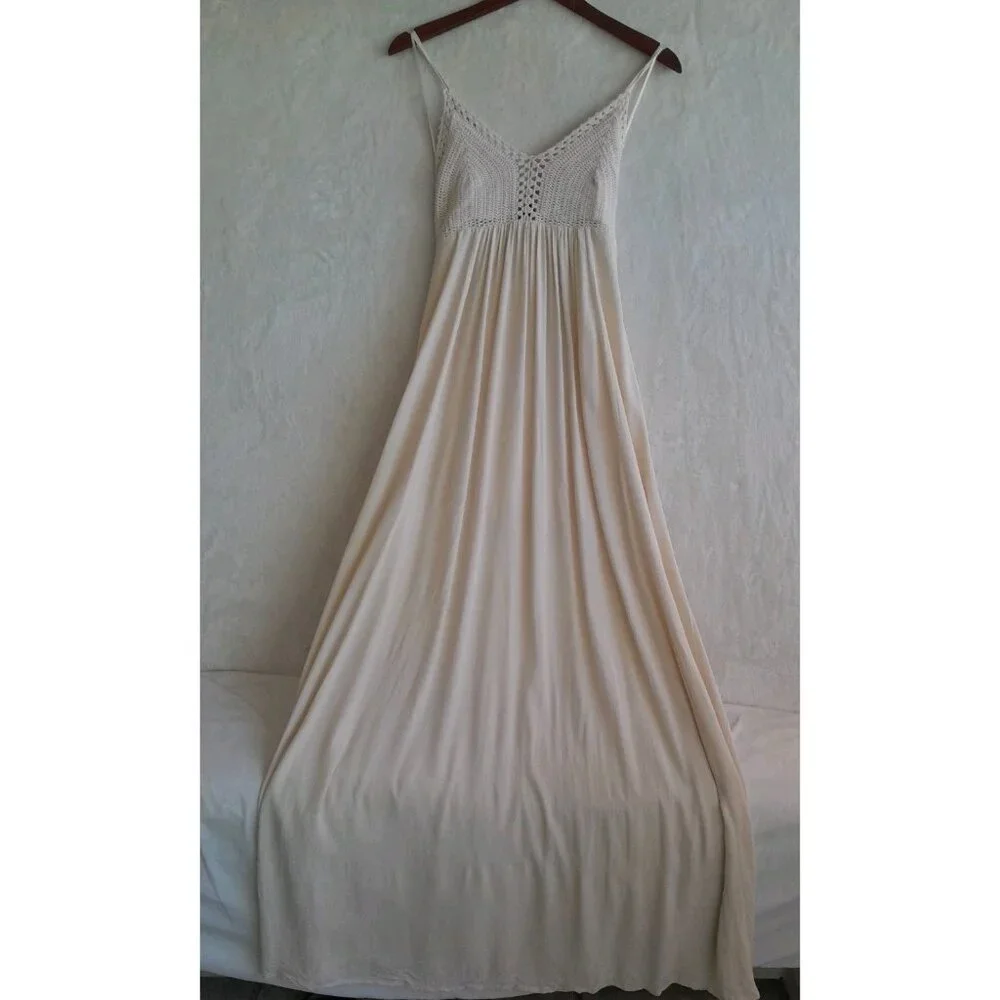 Lulus Boho Hippie Chic Crochet Babydoll Fairy Empire Waist Sz Small Maxi Dress - Picture 4 of 10